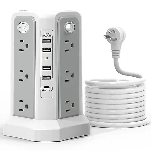 PASSUS 1625W|13A Power Strip with USB C Port, Sugre Protector Tower with Multiple Outlets, 10FT Cord Flat Plug Overload Proetction for Home Office Dormroom Essentials 