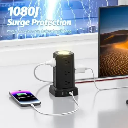 PASSUS Power Strips with Surge Protection, Flat Plug Power Strip with 12 Outlets 4 USB Ports, Charging Tower 1625W/13A 6FT Braided Extension Cord with Multiple Outlets Office Supplies Dorm Essentials - 4