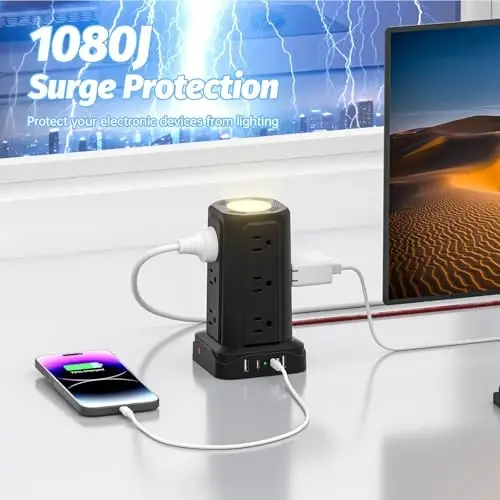 PASSUS Power Strips with Surge Protection, Flat Plug Power Strip with 12 Outlets 4 USB Ports, Charging Tower 1625W/13A 6FT Braided Extension Cord with Multiple Outlets Office Supplies Dorm Essentials - 3