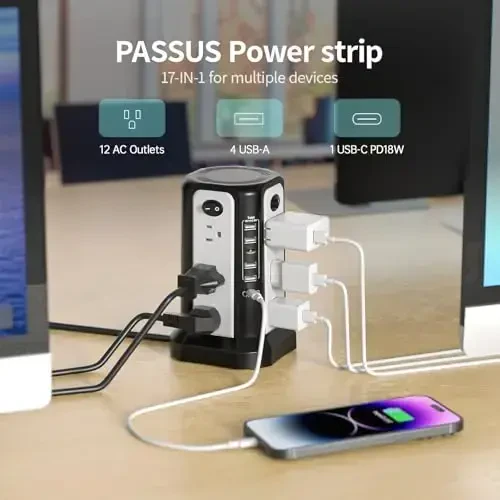 PASSUS Surge Protector Power Strip Tower with USB C(PD18W) Port,Tower Outlets with 4 USB A Ports, Flat Plug 10FT Extension Cord with 12 AC Multiple Outlets,Overload Protection for Home Office DormRoom - PASSUS (1)
