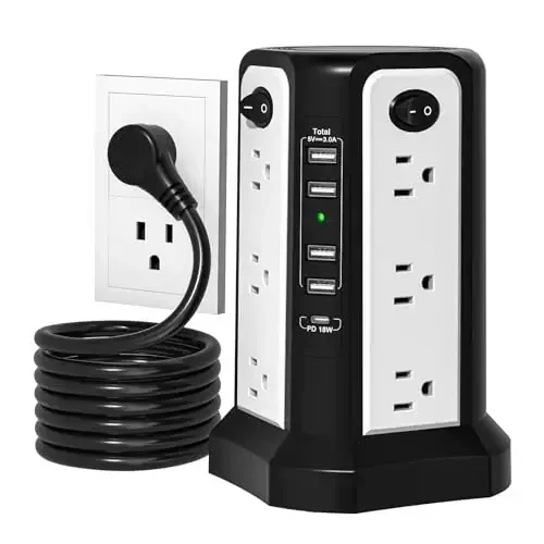 Surge Protector Power Strip Tower with PD18W USB C Port, PASSUS Charging Tower with 5 USB, 10FT Extension Cord with 12 AC Multiple Outlets, Overload Protection for Home Office Dorm Room 