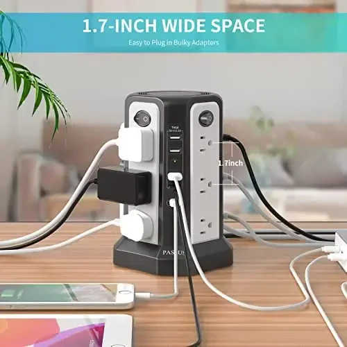 PASSUS Surge Protector Power Strip Tower with USB C(PD18W) Port,Tower Outlets with 4 USB A Ports, Flat Plug 10FT Extension Cord with 12 AC Multiple Outlets,Overload Protection for Home Office DormRoom - 6