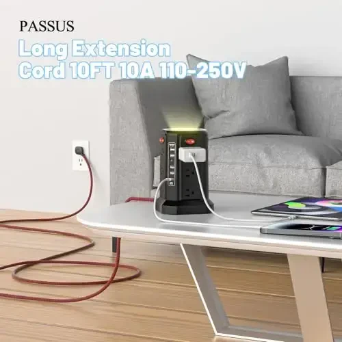 PASSUS Surge Protector Power Strip with 5 USB Ports and Night Light,10FT Braided Extension Cord with 12 AC Multiple Outlets, Power Tower Overload Protection for Home Office Dorm Room Essentials - 6