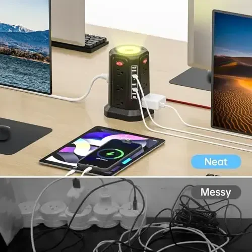 PASSUS Surge Protector Power Strip with 5 USB Ports and Night Light,10FT Braided Extension Cord with 12 AC Multiple Outlets, Power Tower Overload Protection for Home Office Dorm Room Essentials - 7