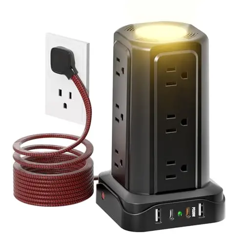 PASSUS Power Strips with Surge Protection, Flat Plug Power Strip with 12 Outlets 4 USB Ports, Charging Tower 1625W/13A 6FT Braided Extension Cord with Multiple Outlets Office Supplies Dorm Essentials - 1