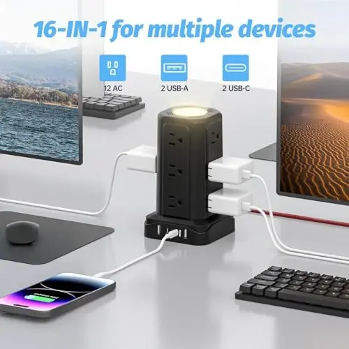 PASSUS Power Strips with Surge Protection, Flat Plug Power Strip with 12 Outlets 4 USB Ports, Charging Tower 1625W/13A 6FT Braided Extension Cord with Multiple Outlets Office Supplies Dorm Essentials - PASSUS (1)