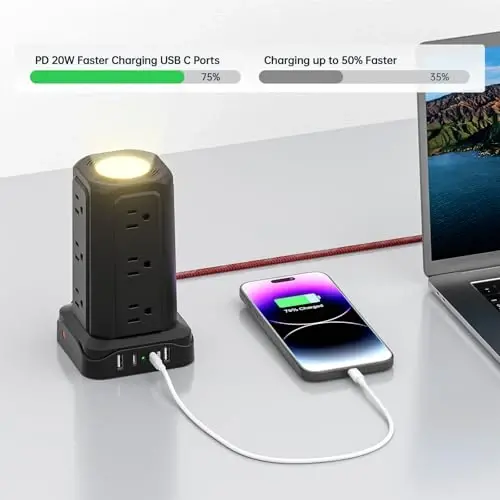 PASSUS Power Strips with Surge Protection, Flat Plug Power Strip with 12 Outlets 4 USB Ports, Charging Tower 1625W/13A 6FT Braided Extension Cord with Multiple Outlets Office Supplies Dorm Essentials - 5