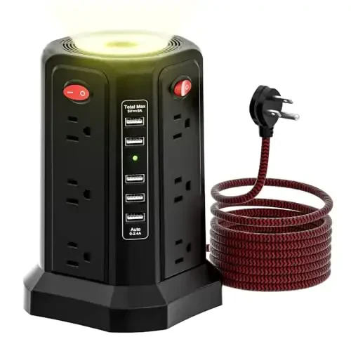 PASSUS Surge Protector Power Strip 5 USB Port va tungi chiroq, 10FT o'ralgan uzaytma shnuri 12 AC Ko'p rozetka, Uy Ofis Yotoqxona uchun ortiqcha yukdan himoya qilish - 1