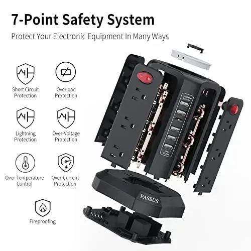 PASSUS Surge Protector Power Strip 5 USB Port va tungi chiroq, 10FT o'ralgan uzaytma shnuri 12 AC Ko'p rozetka, Uy Ofis Yotoqxona uchun ortiqcha yukdan himoya qilish - 4