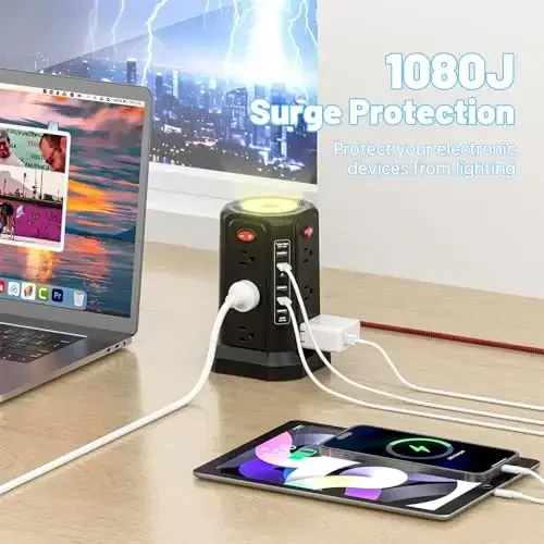 PASSUS Surge Protector Power Strip 5 USB Port va tungi chiroq, 10FT o'ralgan uzaytma shnuri 12 AC Ko'p rozetka, Uy Ofis Yotoqxona uchun ortiqcha yukdan himoya qilish - 5