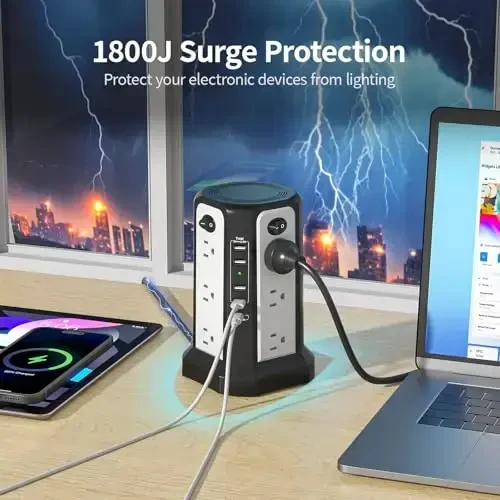 PASSUS Surge Protector Power Strip Tower with USB C(PD18W) Port,Tower Outlets with 4 USB A Ports, Flat Plug 10FT Extension Cord with 12 AC Multiple Outlets,Overload Protection for Home Office DormRoom - 3