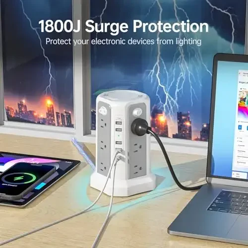 PASSUS Surge Protector Power Strip USB C Porti bilan, 10FT uzaytirish shnuri 12 AC rozetkasi bilan, uy ofisi yotoqxonasi uchun kuchlanishdan himoya qiluvchi elektr tarmoqlari - 6