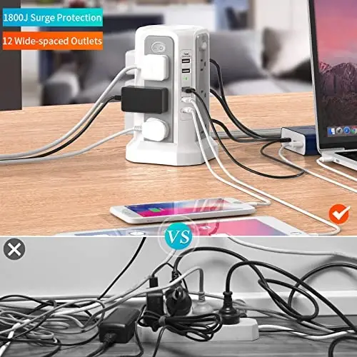 PASSUS Surge Protector Power Strip with USB C Port,10FT Extension Cord with 12 AC Outlets, Power Strips with Surge Protection for Home Office DormRoom - 4