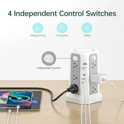 PASSUS Surge Protector Power Strip with USB C Port,10FT Extension Cord with 12 AC Outlets, Power Strips with Surge Protection for Home Office DormRoom - 5