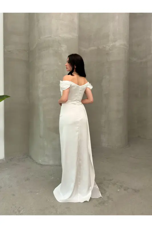 Past pastak yelkali oqshom libosi - Oq - 5