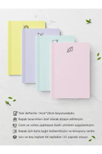 Pastel Themed Notebook Set - 4 Pieces - 14cm*20cm - 64 Pages - Plain - Pastel - POSTIFULL (1)