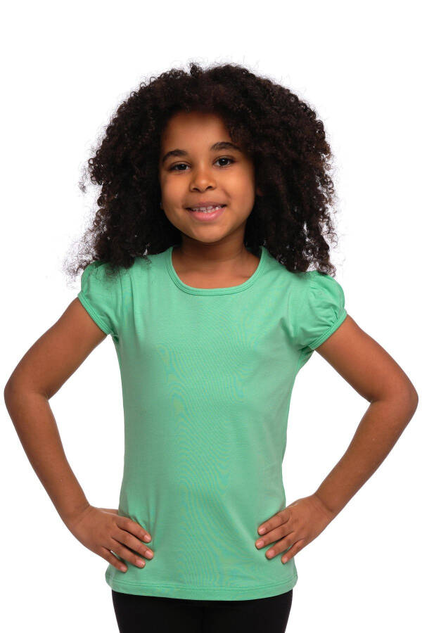Pastel Yeşil Basic Kız Çocuk Sıfır Yaka Karpuz Kol Tişört - PASTEL GREEN - 1