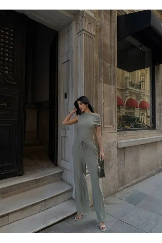 PASTEL YEŞİLİ Asimetrik Bluz Pantolon Takım-PASTEL YEŞİLİ - 1