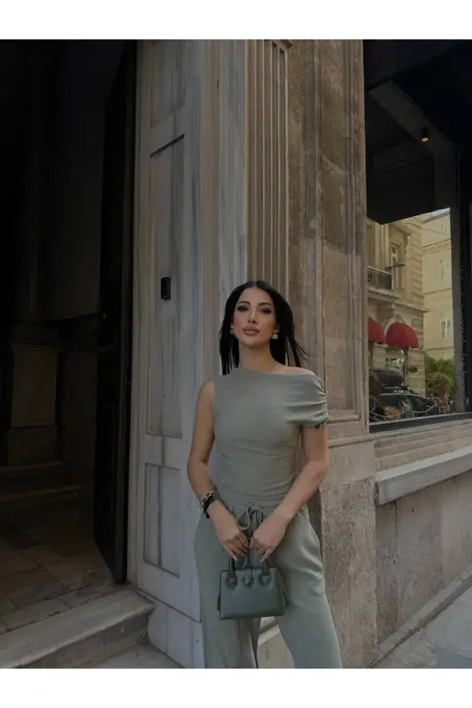 ПАСТЕЛЬНО-ЗЕЛЕНЫЙ Асимметричный Блузка Брюки Комплект-ПАСТЕЛЬНО-ЗЕЛЕНЫЙ - 2