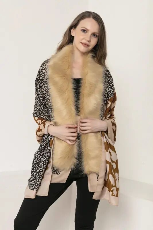 Patchwork Leopard Patterned Beige Poncho NW13955-3 - BÜYÜKBEDENIZ