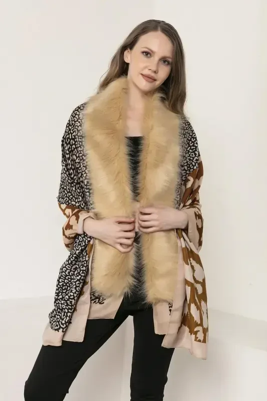 Patchwork Leopard Print Beige Poncho NW13955-3 - 1