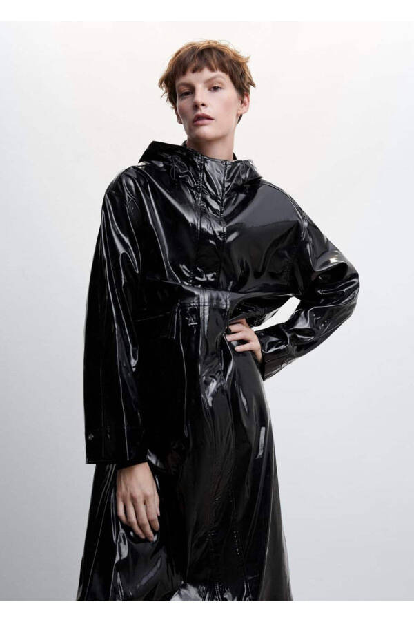 Patent Leather Look Hooded Parka - 1