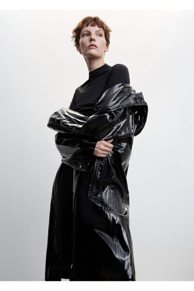 Patent Leather Look Hooded Parka - 6