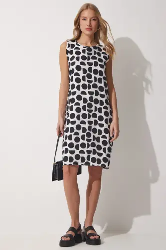 Patterned Aerobin Linen Summer Bell Dress-Black White 