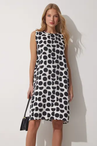 Patterned Aerobin Linen Summer Bell Dress-Black White - 3