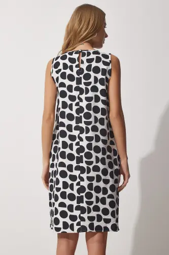 Patterned Aerobin Linen Summer Bell Dress-Black White - 4