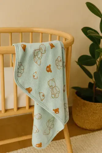 PATTERNED BLANKET & SWADDLE 85X90 CM COTTON FABRIC-Turquoise - 1