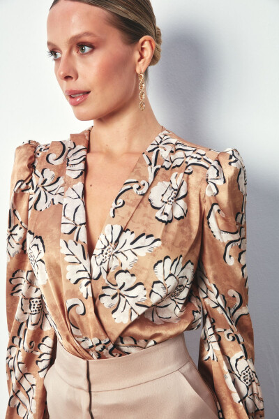 Patterned Bodysuit Blouse - CAMEL - 5