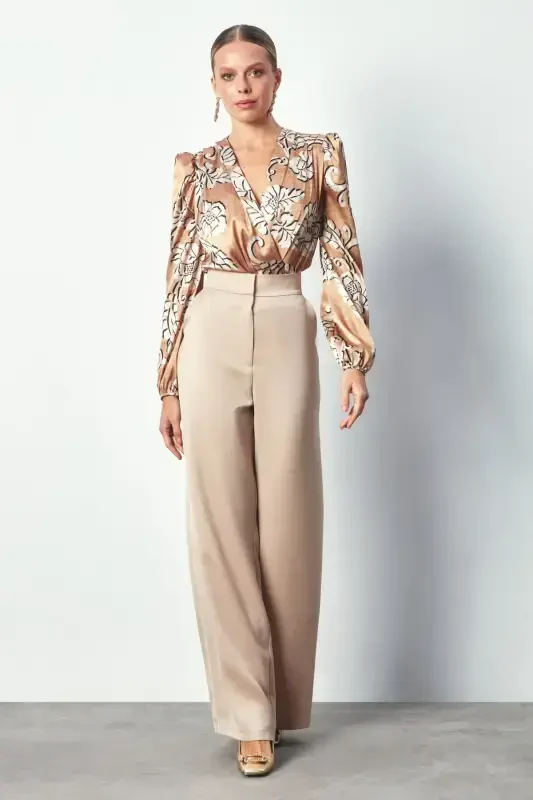 Patterned Bodysuit Blouse - CAMEL - SATEEN