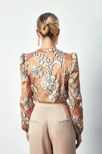 Patterned Bodysuit Blouse - CAMEL - 5