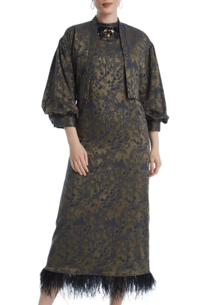 Patterned Brocade Fabric Stone Embroidered Furry Midi Length Camel Jacket Dress Set 38883 - SERPIL