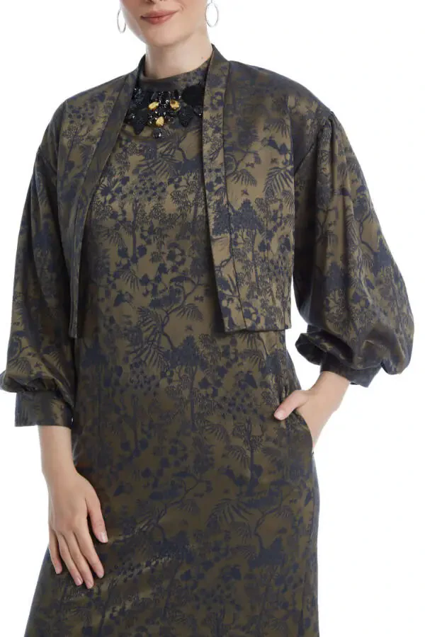 Patterned Brocade Fabric Stone Embroidered Furry Midi Length Camel Jacket Dress Set 38883 - 2