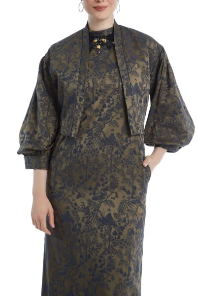 Patterned Brocade Fabric Stone Embroidered Furry Midi Length Camel Jacket Dress Set 38883 - 3