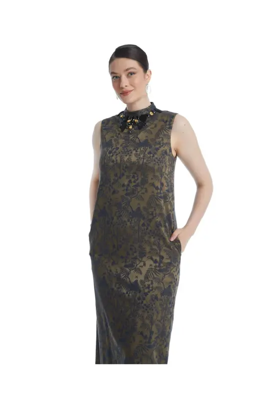 Patterned Brocade Fabric Stone Embroidered Furry Midi Length Camel Jacket Dress Set 38883 - 1