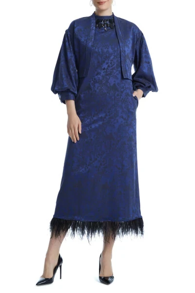 Patterned Brocade Fabric Stone Embroidered Furry Midi Saks Long Dress Suit 38883 - Modazone