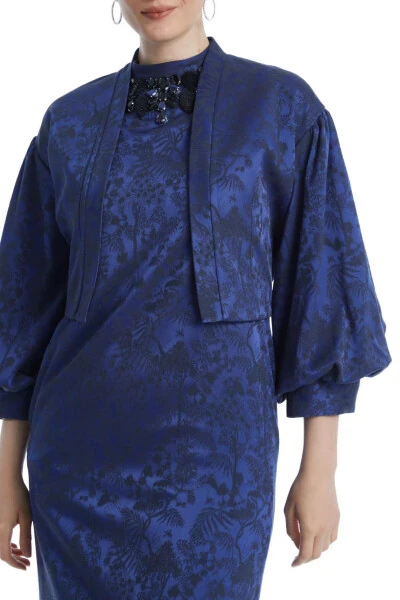 Patterned Brocade Fabric Stone Embroidered Furry Midi Saks Long Dress Suit 38883 - Modazone (1)