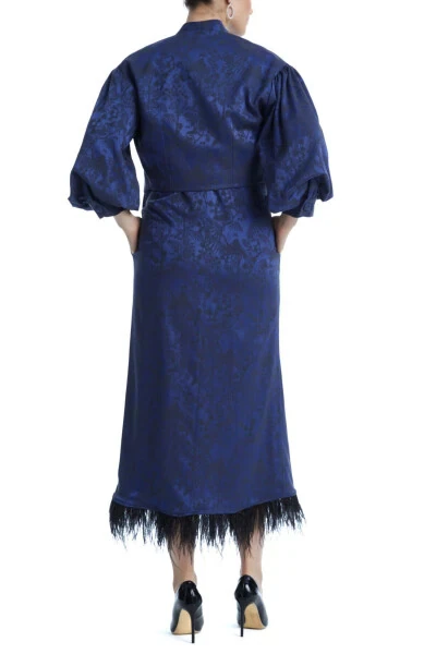 Patterned Brocade Fabric Stone Embroidered Furry Midi Saks Long Dress Suit 38883 - 3