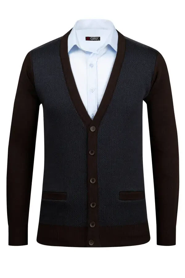 Patterned, buttoned pocket detailed, classic fit steel knit cardigan. - 1