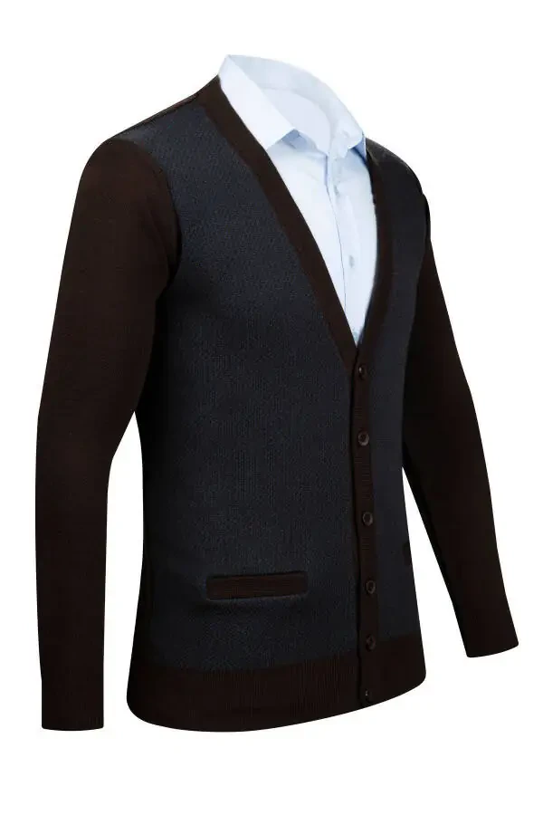 Patterned, buttoned pocket detailed, classic fit steel knit cardigan. - 2
