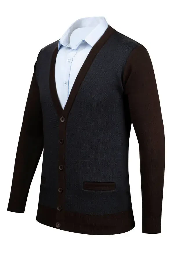 Patterned, buttoned pocket detailed, classic fit steel knit cardigan. - 3