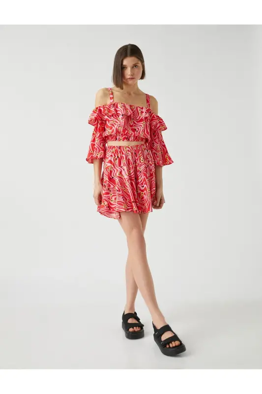 Patterned Crop Top Ruffled Off-Shoulder - 2