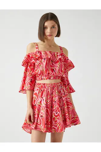 Patterned Crop Top Ruffled Off-Shoulder - 3