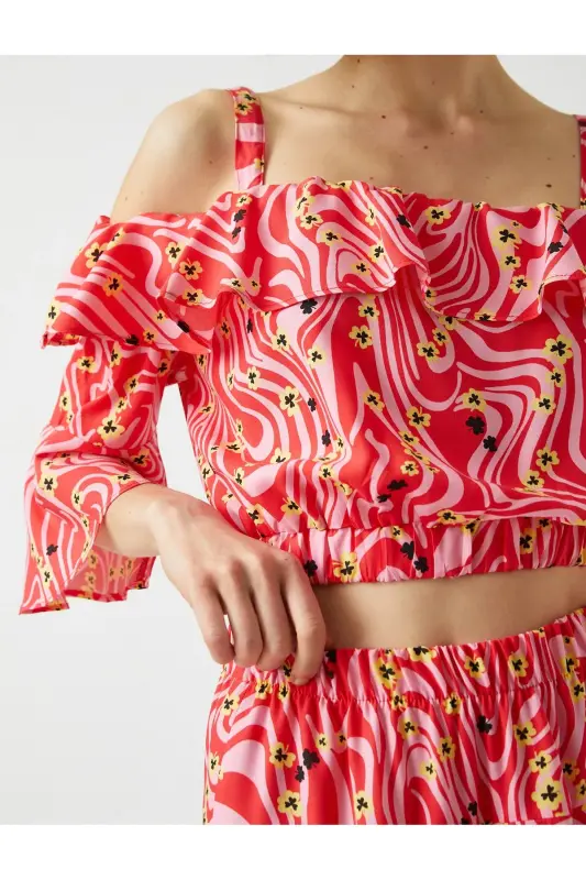 Patterned Crop Top Ruffled Off-Shoulder - 5