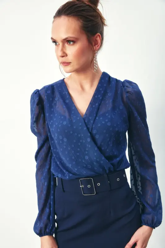 Patterned Crossover Bodysuit Blouse - NAVY-NAVY - 1