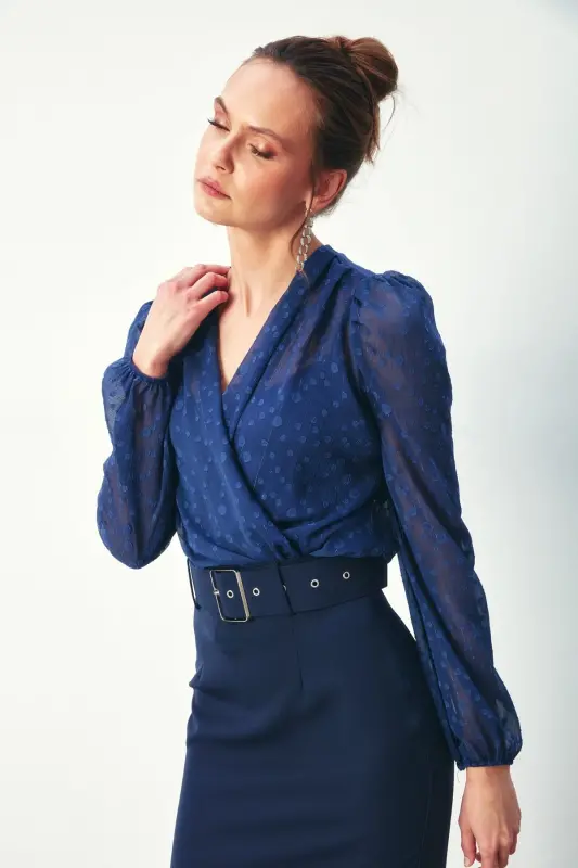Patterned Crossover Bodysuit Blouse - NAVY-NAVY - 2