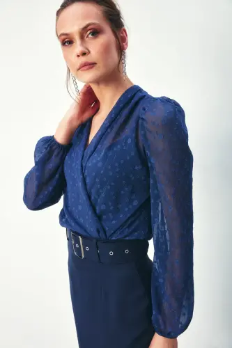 Patterned Crossover Bodysuit Blouse - NAVY-NAVY - 4